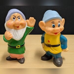 Vintage Walt Disney Productions Dwarfs 5" Figurine Squeaky Rubber Toys. Lot Of 2